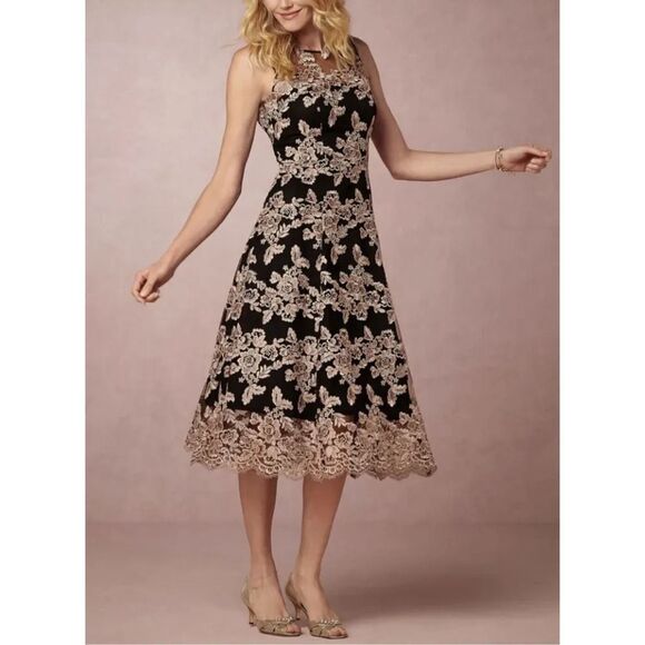 Anthropologie Dresses & Skirts - Hitherto Anthropologie BHLDN Tonya black pink lace midi dress size 2